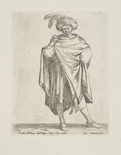 Standing soldier with a turban and plumes wearing a long cloak, from the series 'Capricci e habiti militari' by Filippo Liagno, The Metropolitan Museum of Art