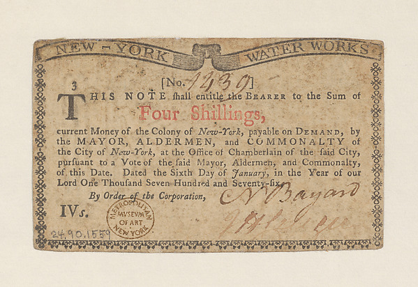 New York Colonial Currency [New York Water Works] – Four Shillings