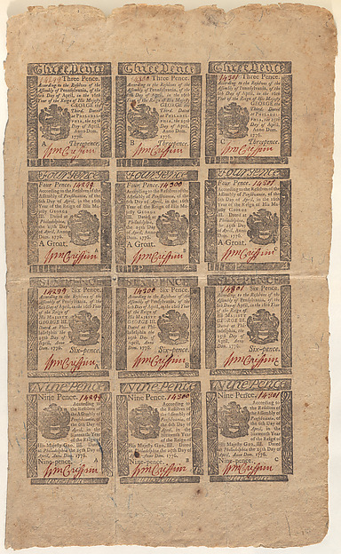 Uncut sheet of United States Continental currency