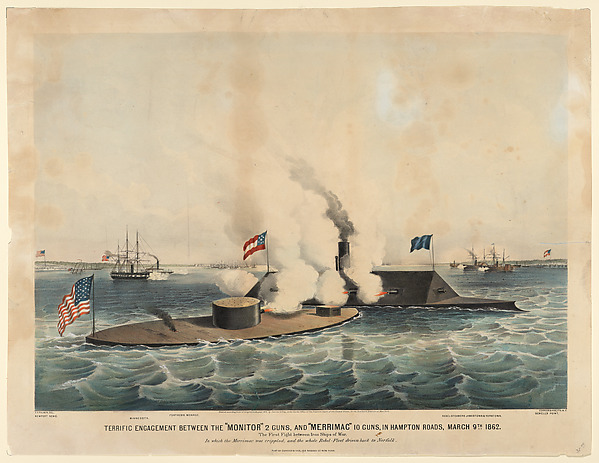 Terrific Engagement between the "Monitor" 2 guns, and "Merrimac" 10 guns, in Hampton Roads, March 9th, 1862 – The First Fight Between Ironclad Ships of War
