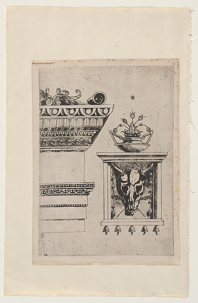 Detail of a cornice at left; a vase on a metope with bucranium at right by Master of 1515, The Metropolitan Museum of Art