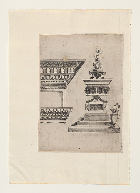 Detail of a cornice at left; an altar at right by Master of 1515, The Metropolitan Museum of Art