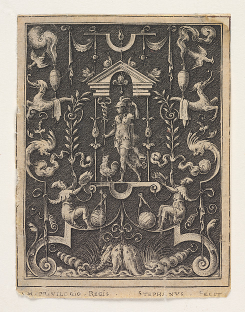 Mercury, from a set of six pagan divinities with grotesques on black grounds by Etienne Delaune, The Metropolitan Museum of Art