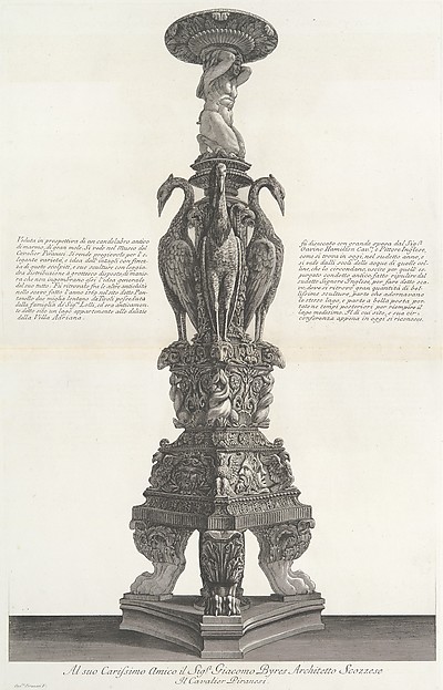 Perspective view of the same candelabrum, from "Vasi, candelabri, cippi, sarcofagi, tripodi, lucerne, ed ornamenti antichi disegnati ed incisi dal Cav. Gio. Batt. Piranesi, Vol. II" (Vases, candelabra, grave stones, sarcophagi, tripods, lamps, and ornaments designed and etched by Cavalieri Giovanni Battista Piranesi)