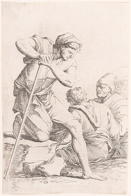 Two men sitting and another man holding a staff kneeling on a rock, from "Figurine"