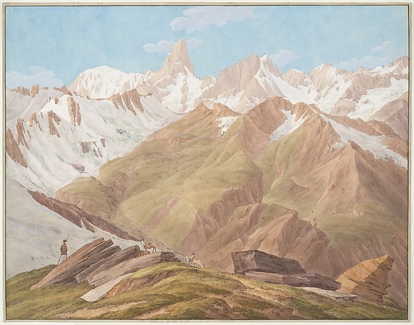 View of the Massif of Mont Blanc near the "Petit Jorasse, Grand Jorasse, le Géant" with the "Glaciers des Périades et Jorasse" and the "Glacier de la Venval" as seen from the "Col de Fenêtre près du Gd. St. Bernard"