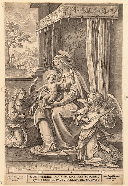 Virgin and Child Enthroned  with Two Musical Angels by Jan (Johannes) Wierix
