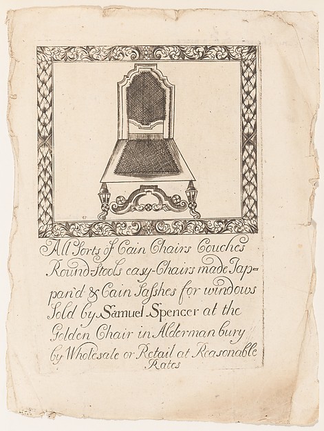 Trade Card of Samuel Spencer, Cain Chairs, at the Golden Chair in Aldermanbury by Samuel Spencer