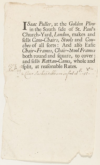 Trade Card of Isaac Puller, Cane Chairs at the Golden Plow, St. Paul's Church Yard