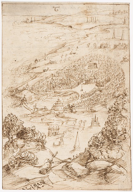 The Port City of Alexandria (? Allusion to Dinocrates's Building of Alexandria, Vitruvius, Book 2, introduction, no. 1) (recto); Fragmentary Writing ("Libro Primo...") (verso)