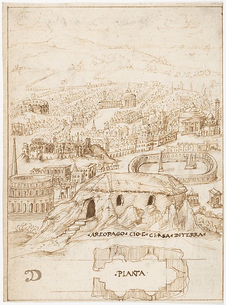Recto: The Houses of the Barbarians (Vitruvius, Book 2, Chapter 1, nos. 3, 4); Verso: The Aeropagus in Athens with Cave Houses (Vitruvius, Book 2, Chapter 1, no. 5).
