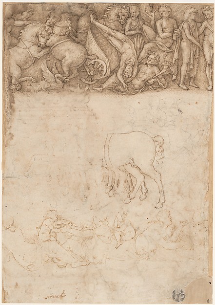 Studies after the Antique: The Fall of Phaëthon, Horses, Reclining Women with Children (recto); Studies after the Antique: An Altar or Urn, Lion Attacking a Horse (verso)