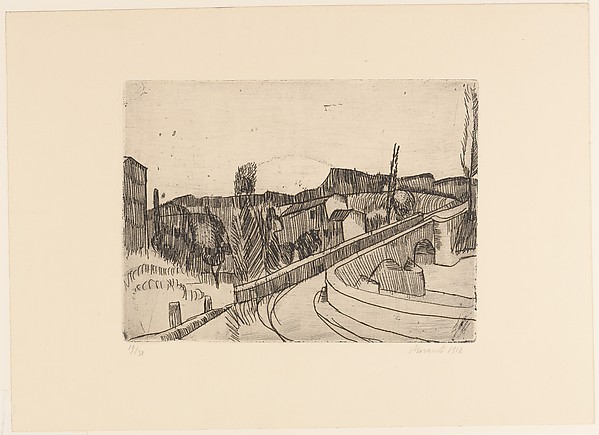 乔治·莫兰迪《博洛尼亚萨韦纳河上的桥》蚀刻版画，1912年