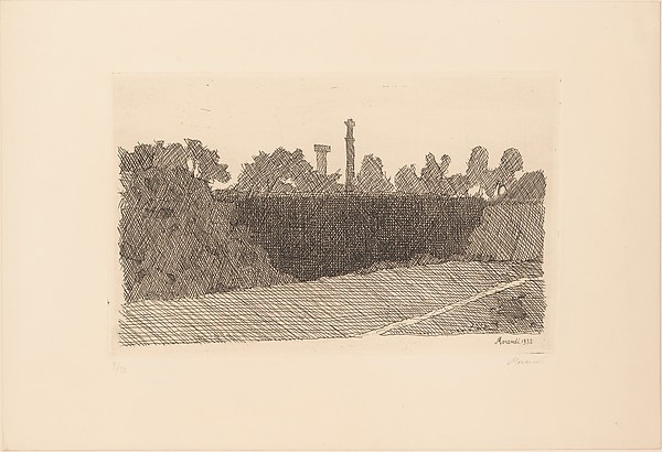 乔治·莫兰迪《博洛尼亚蒙塔尼奥拉景观》蚀刻版画，1932年