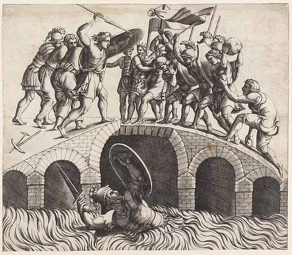 Horatio Coclès Saving Himself by Swimming — Diana Scultori · Giulio Romano