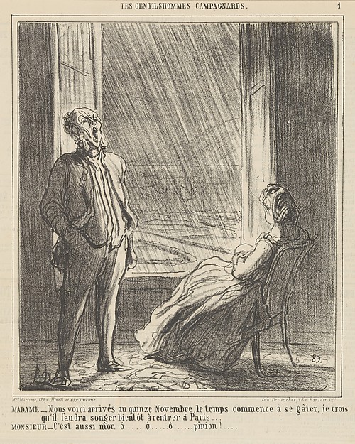 We are approaching mid-November when the weather starts getting nasty, from 'The countryside gentlemen,' published in Le Charivari, November 28, 1864