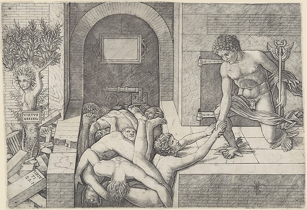 Ignorance and Mercury (an allegory of Virtue and Vice), Mercury kneeling at right holding a staff and taking the hand of a man who emerges from a pile of naked bodies, at left a tree with the torso and head of a woman (Daphne)