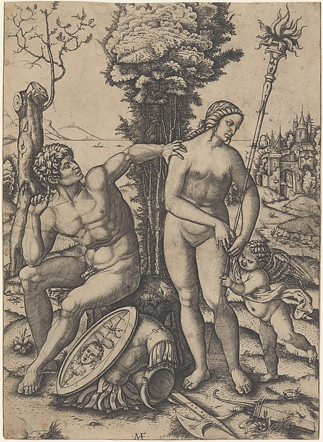 Mars seated at the left, his left hand on Venus's shoulder, cupid beside her at the right