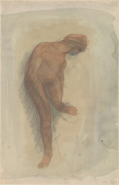 Nude female figure holding left foot