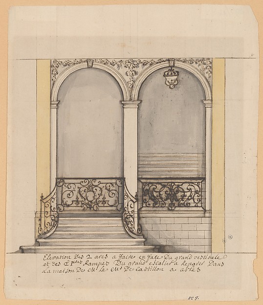 Elevation for a stairway and a second en suite drawing (unmatted): design for ironwork balustrade