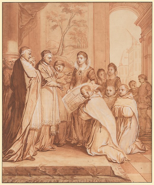 Scene 31: Foundation of a second Feuillant monastery in Rome, dedicated to Saint Bernard, in 1594, thanks to the generosity of Caterina de' Nobili, niece of Pope Julius III and widow of Count Sforza Sforza di Santa Fiora