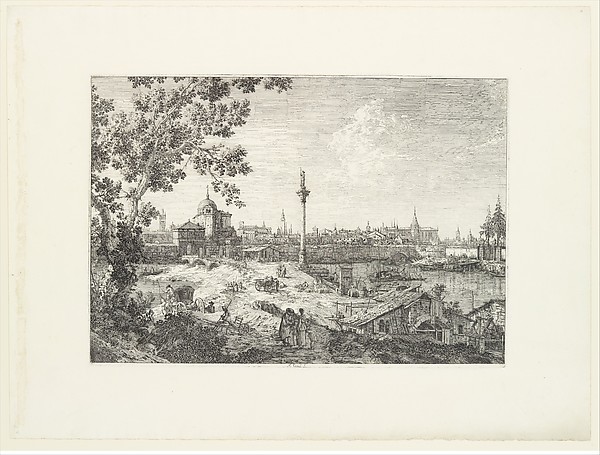 Imaginary View of Padua, with a campanile and domed church at left, a column surmounted by a statue of a saint at center, and a cottage and water-mill at right in the foreground, from 'Views' (Vedute altre prese da i luoghi altre ideate da Antonio Canal)