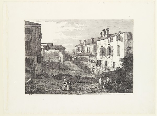 The Locks at Dolo, an oval-shaped basin with boats at center, buildings on either side, a fruit vendor and groups of figures in the foreground, from 'Views' (Vedute altre prese da i luoghi altre ideate da Antonio Canal)