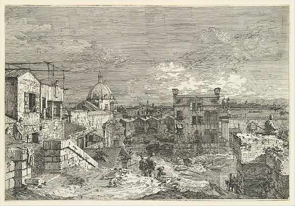 Imaginary View of Venice, houses at left with figures on terraces, a domed church at center in the background, boats and boat-sheds below, and a seated man observing from a wall at right in the foreground, from "Views" (Vedute altre prese da i luoghi altre ideate da Antonio Canal)