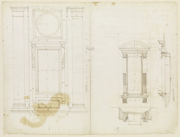 San Lorenzo, Library, Ricetto, upper window, elevation; niche,elevation, plan, and section (recto) San Lorenzo, Library, Ricetto, niche, details; upper window, details, elevation (verso)