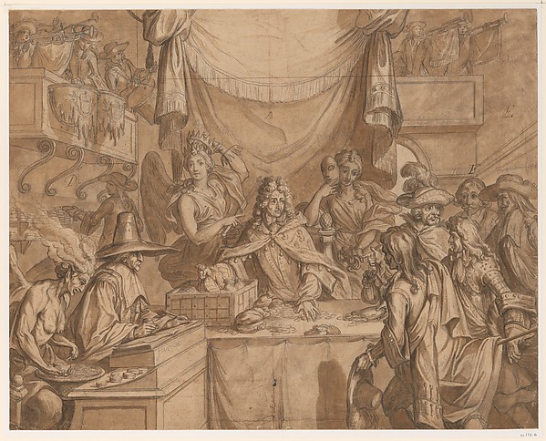 Study for an engraving:  "Almanac pour l'an de Bissexte M.DC.XCII:  La Lotterie Chimerique d'Augsbourg où chacun met du sien sans proffit"[sic]