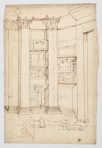 Pantheon, vestibule, perspective; panel moulding, profiles (recto) Pantheon, rectangular niche, plan; half round niche, plan (verso)