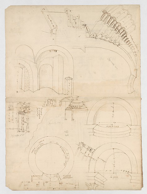 Pantheon, dome, section details; alcove, section and details (recto) Pantheon, rotonda, upper order, elevation and details (verso)