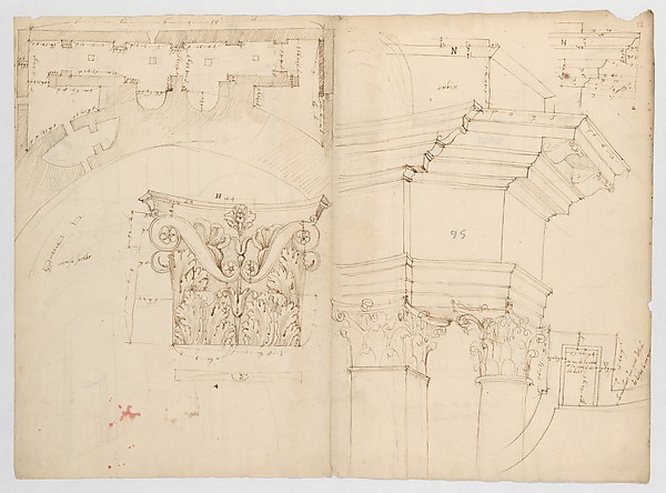 Pantheon, perspective elevation, partial plans, Corinthian pilaster capital and alcove details (recto) Pantheon, perspective sections, alcove elevations, partial plans (verso)