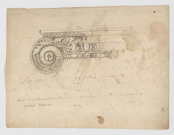 S. Maria in Trastevere, Ionic capital, volute, side elevation (recto) Unidentified, Ionic capital volute, construction diagram (verso)