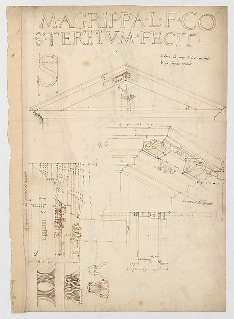 Pantheon, pediment details (recto) Pantheon, pilaster capital profile and projected elevation, column diagram, bronze door detail (verso)