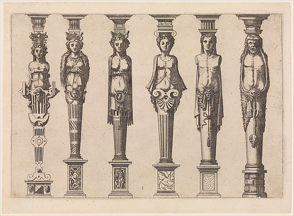 Six terms, four female and two male, with Hercules at far right, plate 1, from Caryatidum [...] sive Athlantidum multiformium ad quemlibet Architecture ordinem Accommodatarum centuria prima [...]