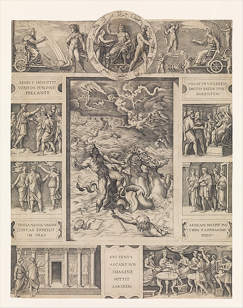 Neptune calming the tempest which Aeolus raised against Aeneas' fleet, from Book I of the Aeneid