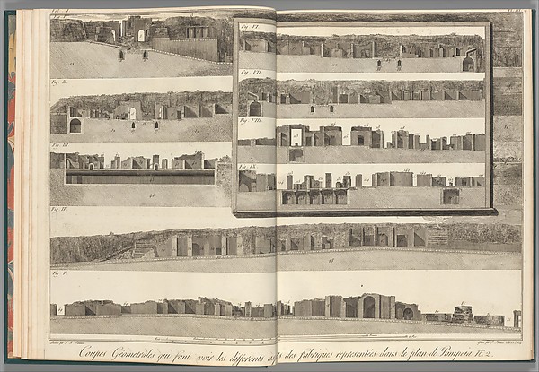 Cross-sections, which show the different aspects of the buildings shown in the plan of Pompeii [the preceding plate], from "Antiquités de Pompeïa, tome premier, Antiquités de la Grande Grèce..." (Antiquities of Pompeii, volume one, Antiquities of Great Greece...), volume 1, plate 3