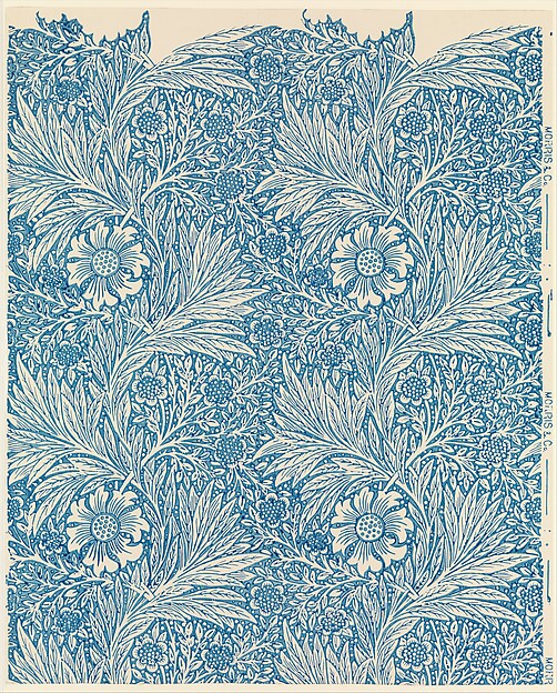 William Morris, Marigold, 1875: block-printed wallpaper of interlacing marigold stems in flat layers of colour.