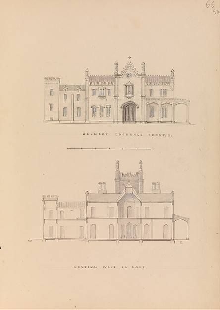 "Belmead", James River, Virginia: Entrance façade and west-east section (recto); North-south section and upper floorplan (verso)