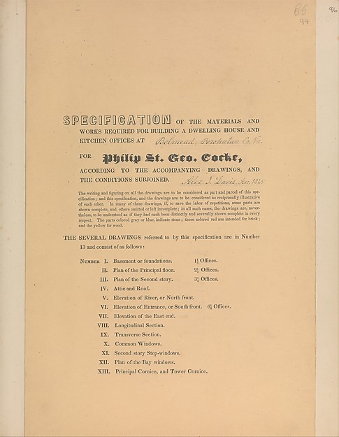 Specifications for "Belmead", James River, Virginia for Philip St. George Cocke by Alexander Jackson Davis, The Metropolitan Museum of Art