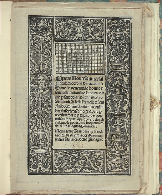 Opera Nova Universali intitulata Corona di racammi, title page (recto)