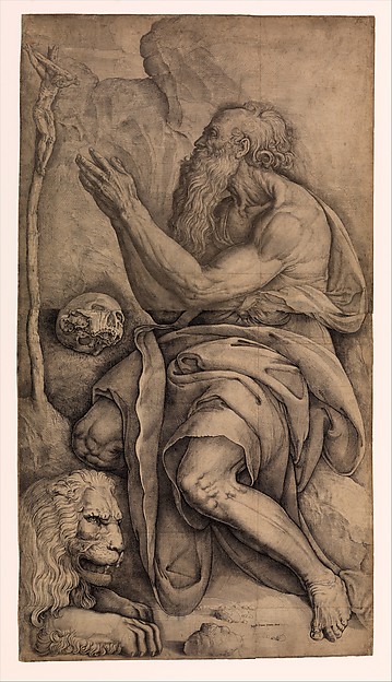 Saint Jerome kneeling before a crucifix, with a skull and lion by Battista Franco