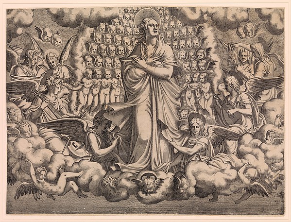 The Apostles looking at Christ and the Virgin in a Glory of Angels (top left plate) by Léon Davent