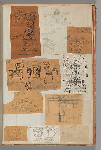 Page from a Scrapbook containing Drawings and Several Prints of Architecture, Interiors, Furniture and Other Objects