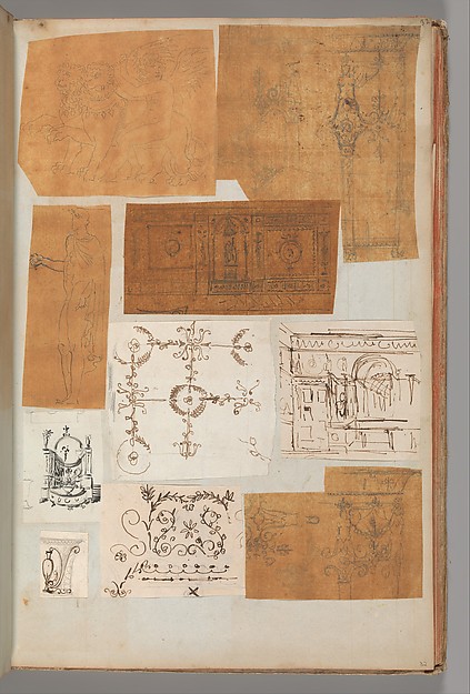 Page from a Scrapbook containing Drawings and Several Prints of Architecture, Interiors, Furniture and Other Objects