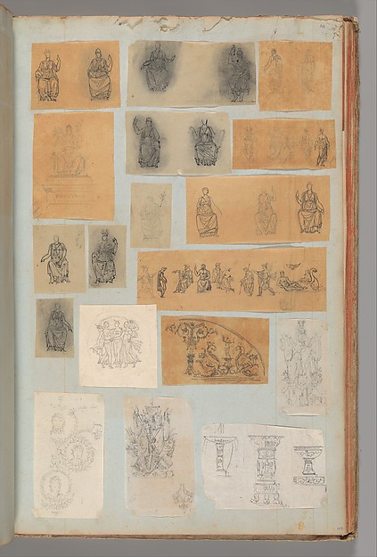 Page from a Scrapbook containing Drawings and Several Prints of Architecture, Interiors, Furniture and Other Objects