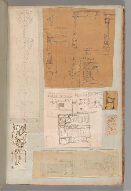 Page from a Scrapbook containing Drawings and Several Prints of Architecture, Interiors, Furniture and Other Objects