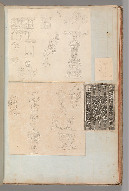 Page from a Scrapbook containing Drawings and Several Prints of Architecture, Interiors, Furniture and Other Objects