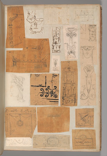 Page from a Scrapbook containing Drawings and Several Prints of Architecture, Interiors, Furniture and Other Objects